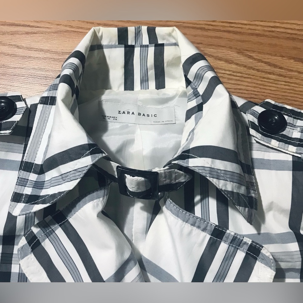 Zara Basic Plaid Pea Coat Medium Lightweight Doub… - image 4